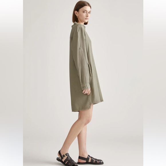 Quince 100% Lyocell Vintage Wash Tencel Roll Sleeve Tunic Dress Olive Green L - Picture 5 of 13